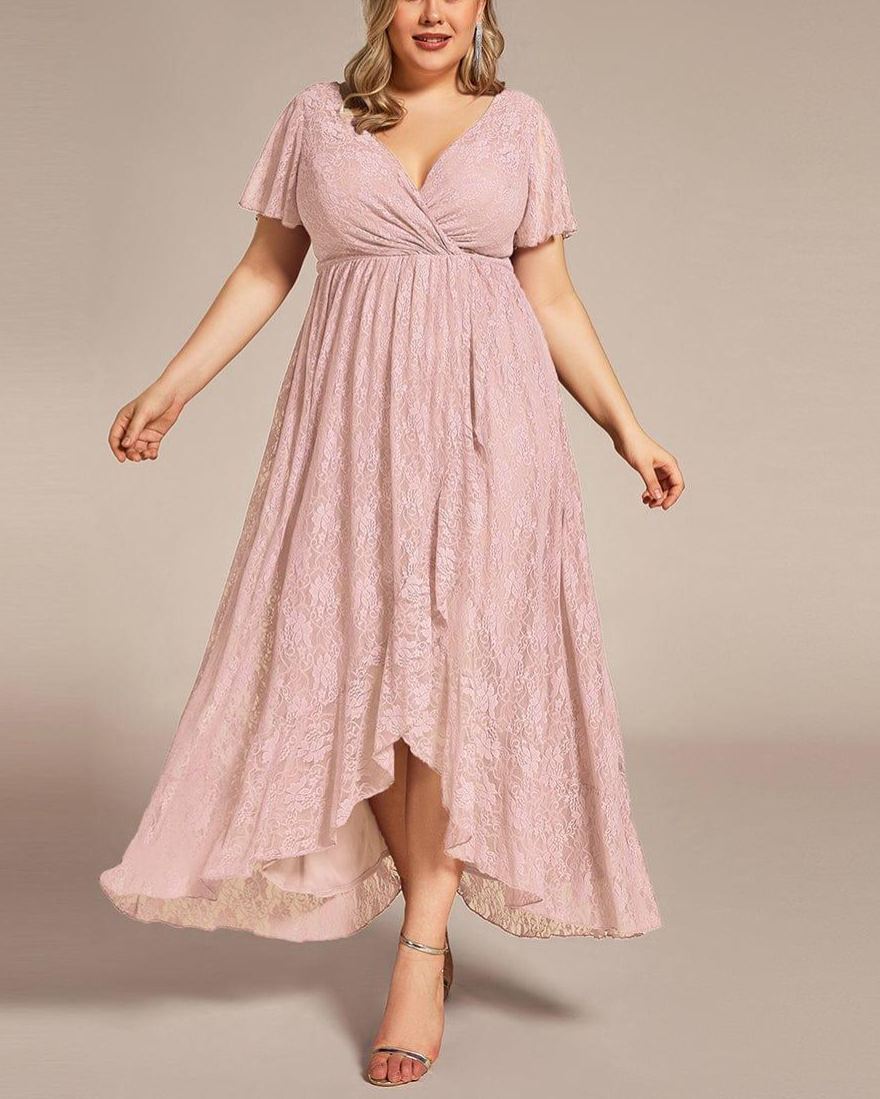 Precioso vestido de novia ELISE de talla grande, manga corta, cuello en V con volantes y corte en A, de encaje, ideal para invitadas de boda.