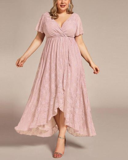 Precioso vestido de novia ELISE de talla grande, manga corta, cuello en V con volantes y corte en A, de encaje, ideal para invitadas de boda.