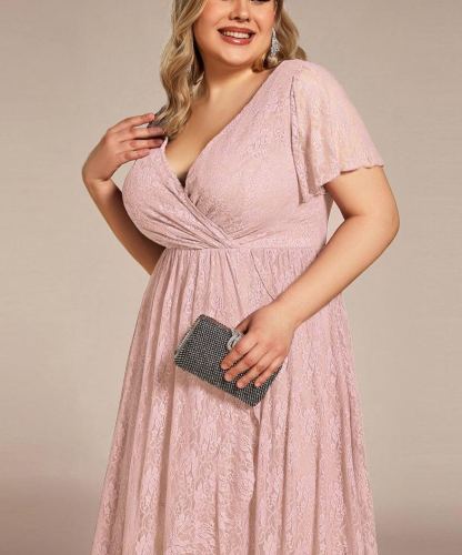 Precioso vestido de novia ELISE de talla grande, manga corta, cuello en V con volantes y corte en A, de encaje, ideal para invitadas de boda.