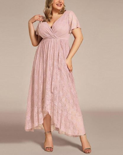 Precioso vestido de novia ELISE de talla grande, manga corta, cuello en V con volantes y corte en A, de encaje, ideal para invitadas de boda.