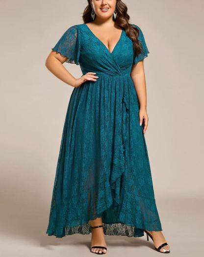 Precioso vestido de novia ELISE de talla grande, manga corta, cuello en V con volantes y corte en A, de encaje, ideal para invitadas de boda.