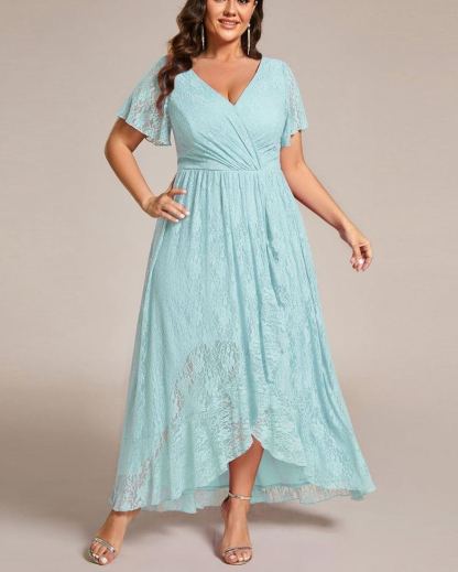 Precioso vestido de novia ELISE de talla grande, manga corta, cuello en V con volantes y corte en A, de encaje, ideal para invitadas de boda.