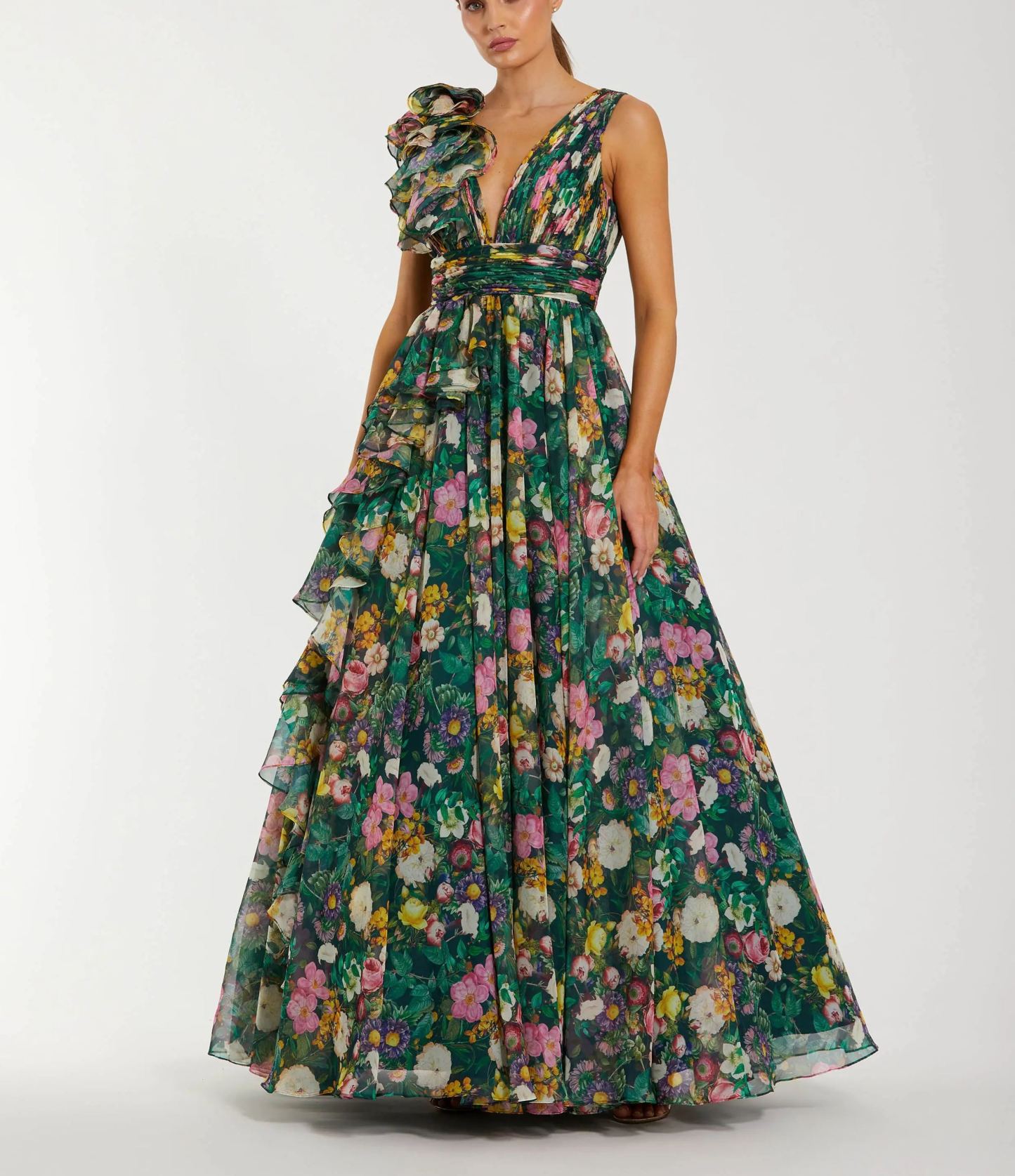 Green Sleeveless V-Neck Floral Chiffon Ruffle Ball Gown
