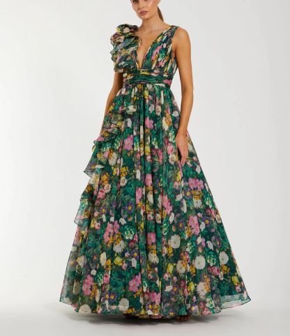 Green Sleeveless V-Neck Floral Chiffon Ruffle Ball Gown