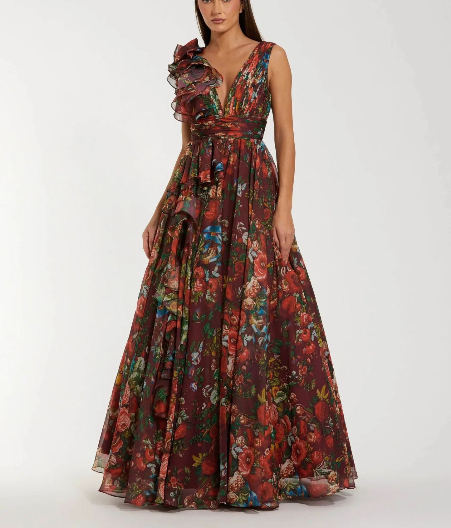 Green Sleeveless V-Neck Floral Chiffon Ruffle Ball Gown