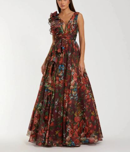 Green Sleeveless V-Neck Floral Chiffon Ruffle Ball Gown