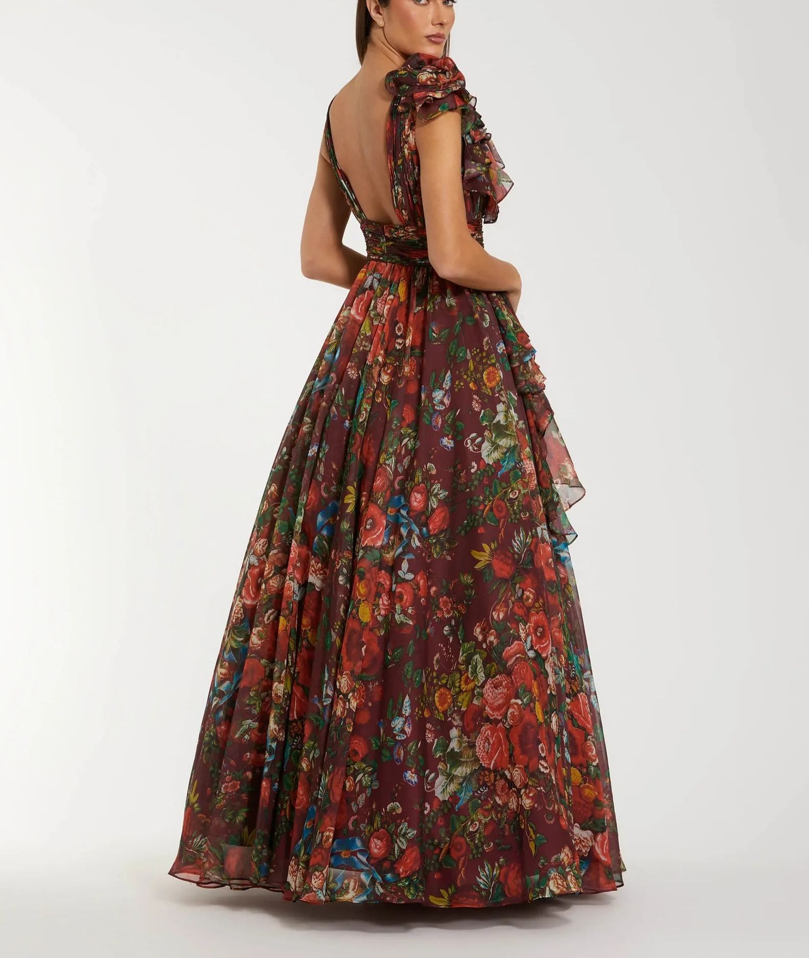 Green Sleeveless V-Neck Floral Chiffon Ruffle Ball Gown