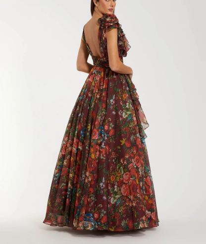 Green Sleeveless V-Neck Floral Chiffon Ruffle Ball Gown