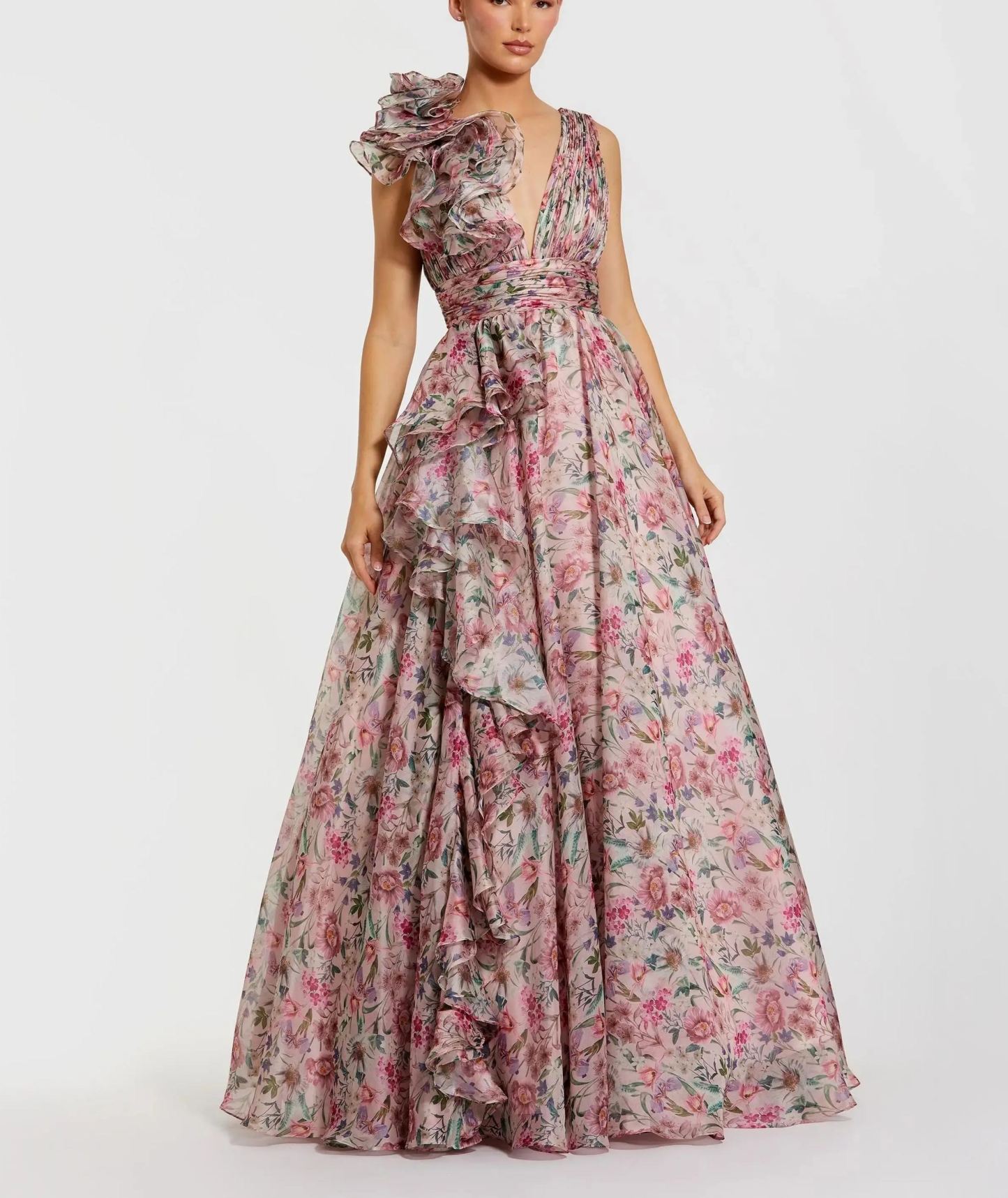 Green Sleeveless V-Neck Floral Chiffon Ruffle Ball Gown