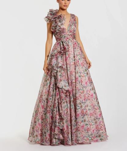 Green Sleeveless V-Neck Floral Chiffon Ruffle Ball Gown