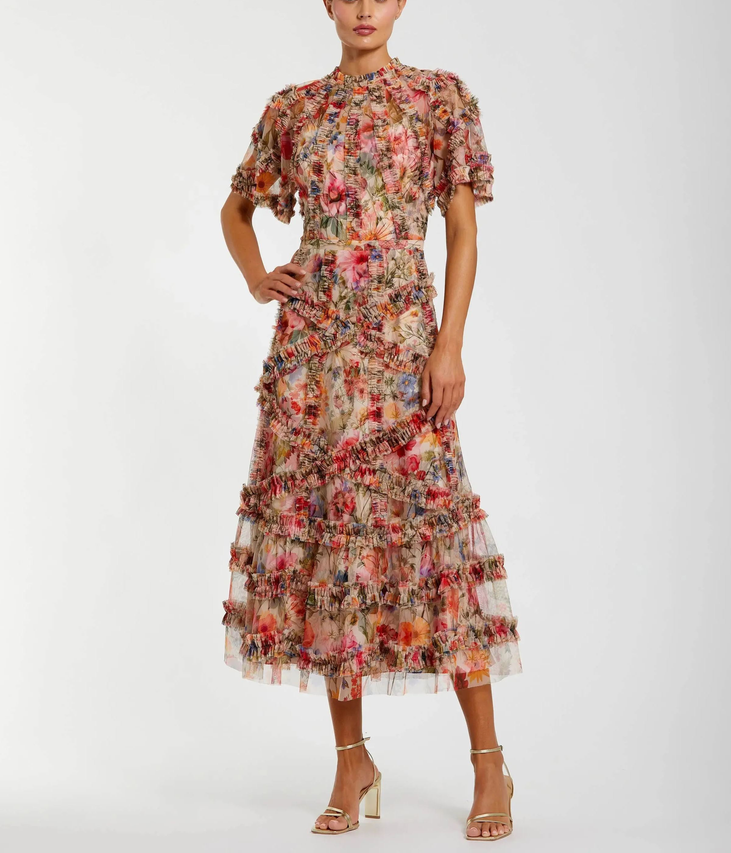 Vestido midi floral multicolor con detalles de volantes