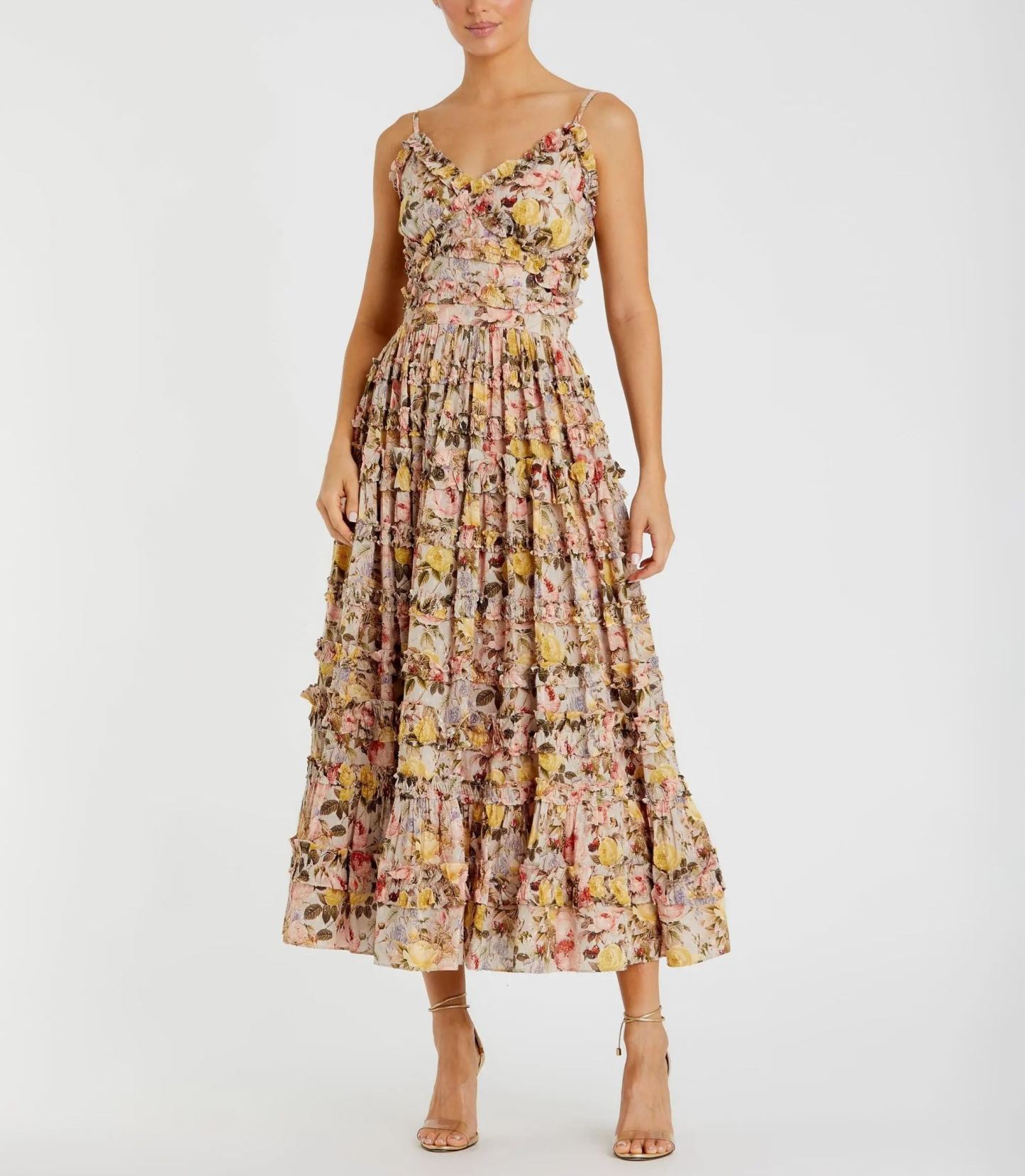 Vestido midi de algodón beige con microvolantes estampados florales