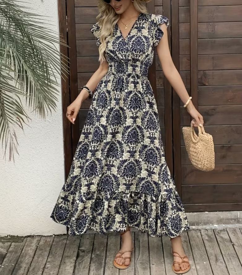 Maxivestido elegante para mujer con estampado floral – Cuello en V, mangas cortas plisadas estilo mariposa y dobladillo con volantes; lavable a máquina – La elección perfecta para primavera y verano.