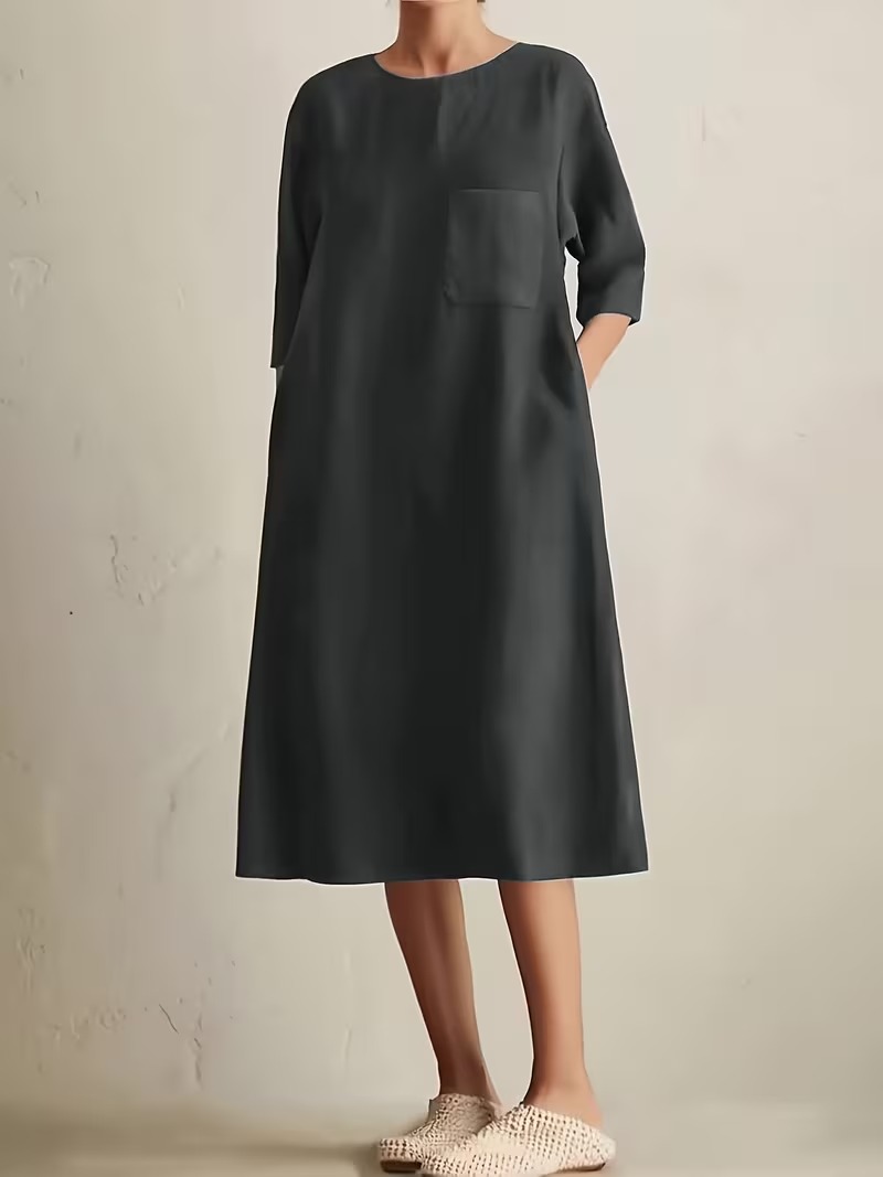 Vestido de lino liso de cuello redondo para verano