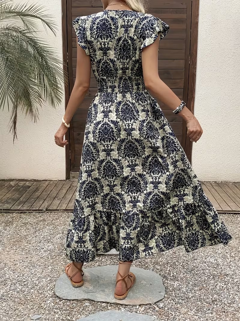 Maxivestido elegante para mujer con estampado floral – Cuello en V, mangas cortas plisadas estilo mariposa y dobladillo con volantes; lavable a máquina – La elección perfecta para primavera y verano.