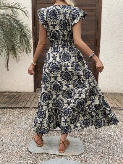 Maxivestido elegante para mujer con estampado floral – Cuello en V, mangas cortas plisadas estilo mariposa y dobladillo con volantes; lavable a máquina – La elección perfecta para primavera y verano.