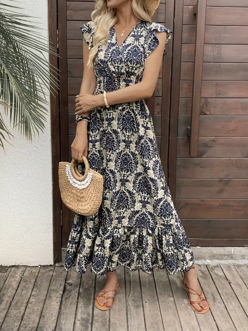 Maxivestido elegante para mujer con estampado floral – Cuello en V, mangas cortas plisadas estilo mariposa y dobladillo con volantes; lavable a máquina – La elección perfecta para primavera y verano.