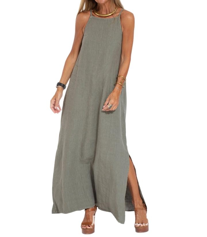 Vestido largo maxi para mujer, sin mangas, de algodón y lino, con tirantes finos y abertura lateral; vestido largo y holgado de corte recto, ideal para el verano y la playa, de color liso.