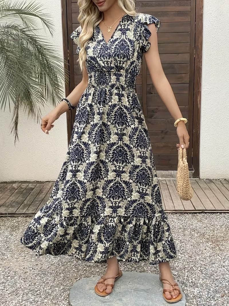 Maxivestido elegante para mujer con estampado floral – Cuello en V, mangas cortas plisadas estilo mariposa y dobladillo con volantes; lavable a máquina – La elección perfecta para primavera y verano.