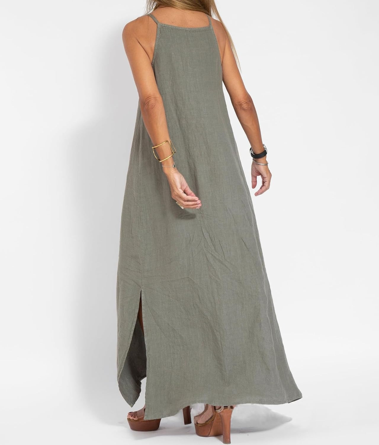 Vestido largo maxi para mujer, sin mangas, de algodón y lino, con tirantes finos y abertura lateral; vestido largo y holgado de corte recto, ideal para el verano y la playa, de color liso.