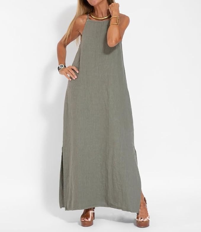 Vestido largo maxi para mujer, sin mangas, de algodón y lino, con tirantes finos y abertura lateral; vestido largo y holgado de corte recto, ideal para el verano y la playa, de color liso.