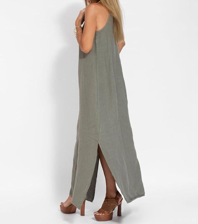 Vestido largo maxi para mujer, sin mangas, de algodón y lino, con tirantes finos y abertura lateral; vestido largo y holgado de corte recto, ideal para el verano y la playa, de color liso.