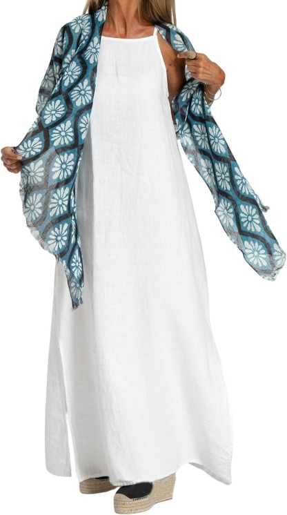 Vestido largo maxi para mujer, sin mangas, de algodón y lino, con tirantes finos y abertura lateral; vestido largo y holgado de corte recto, ideal para el verano y la playa, de color liso.