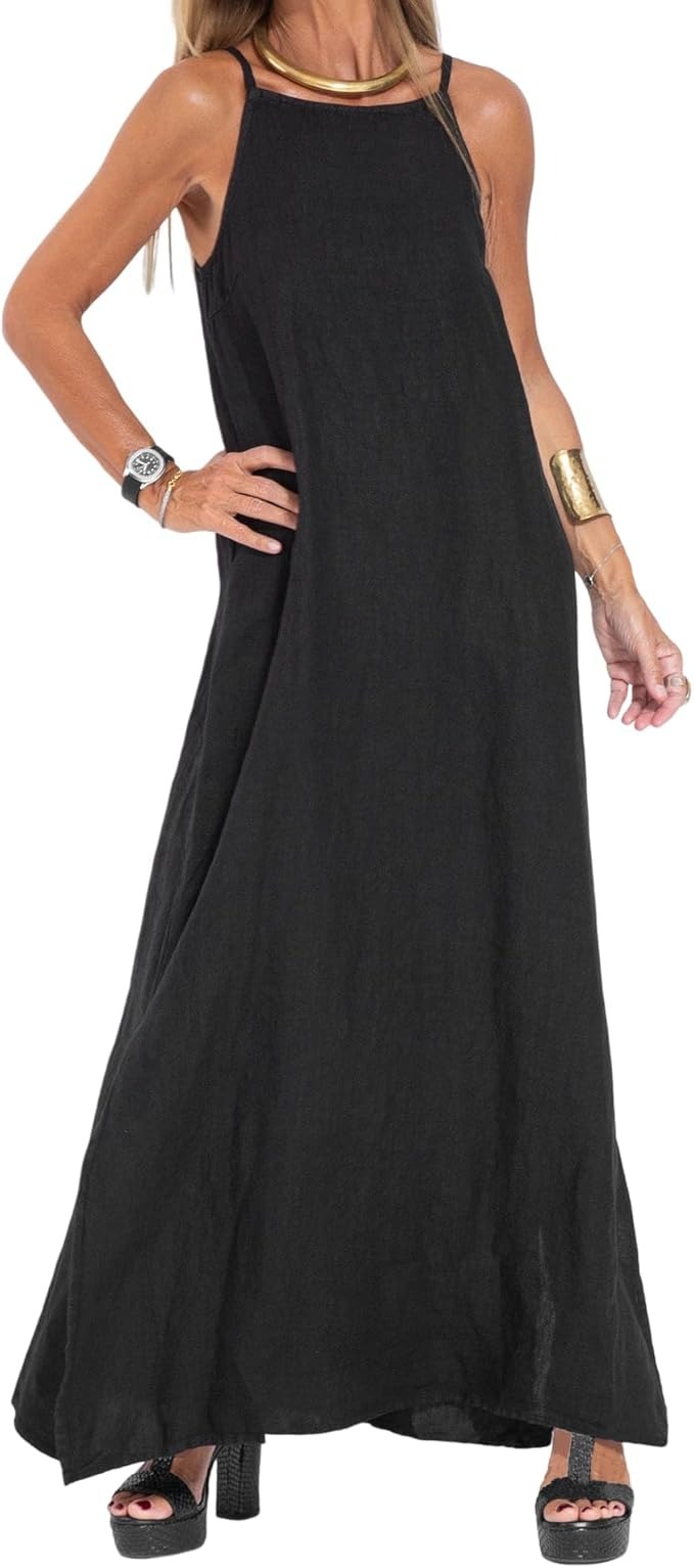 Vestido largo maxi para mujer, sin mangas, de algodón y lino, con tirantes finos y abertura lateral; vestido largo y holgado de corte recto, ideal para el verano y la playa, de color liso.