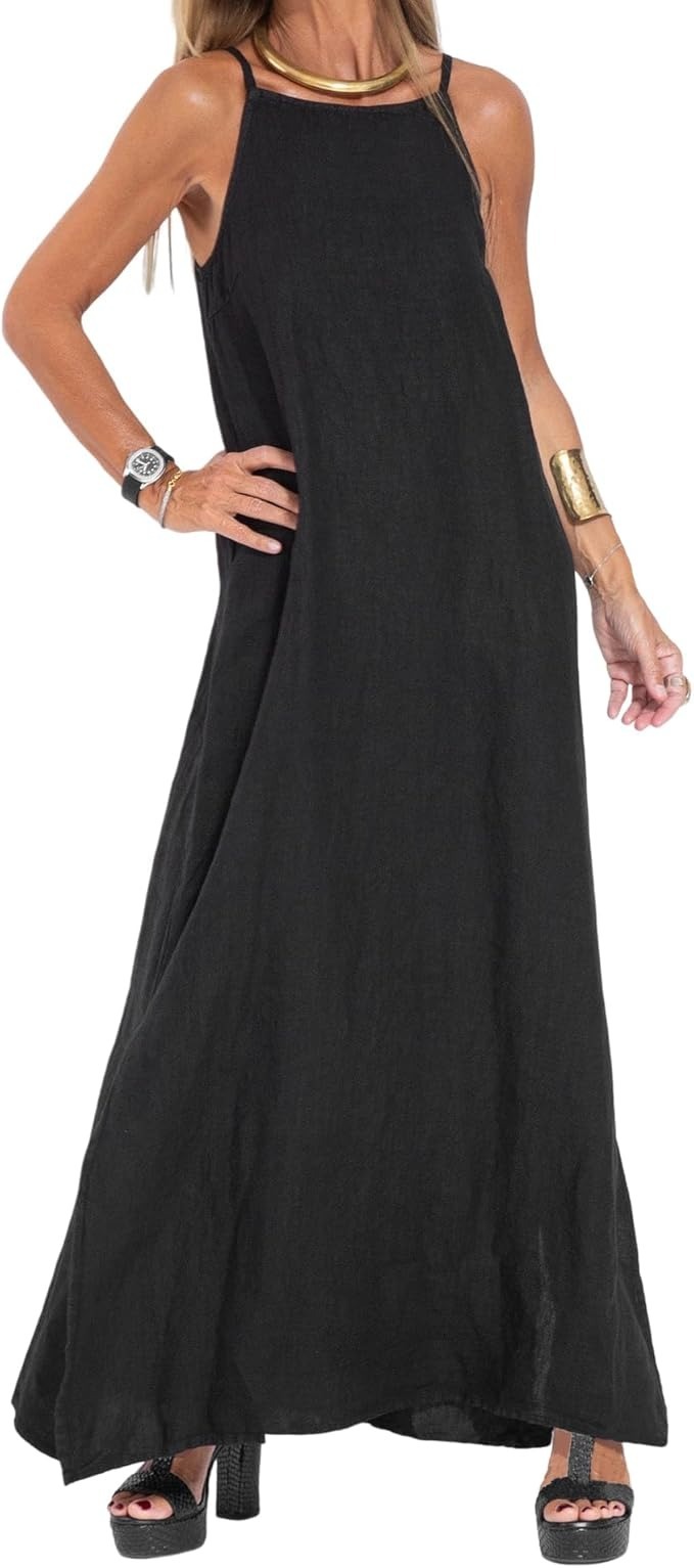 Vestido largo maxi para mujer, sin mangas, de algodón y lino, con tirantes finos y abertura lateral; vestido largo y holgado de corte recto, ideal para el verano y la playa, de color liso.