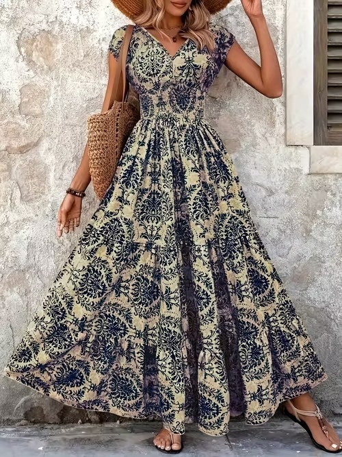 Maxivestido elegante para mujer con estampado floral – Cuello en V, mangas cortas plisadas estilo mariposa y dobladillo con volantes; lavable a máquina – La elección perfecta para primavera y verano.