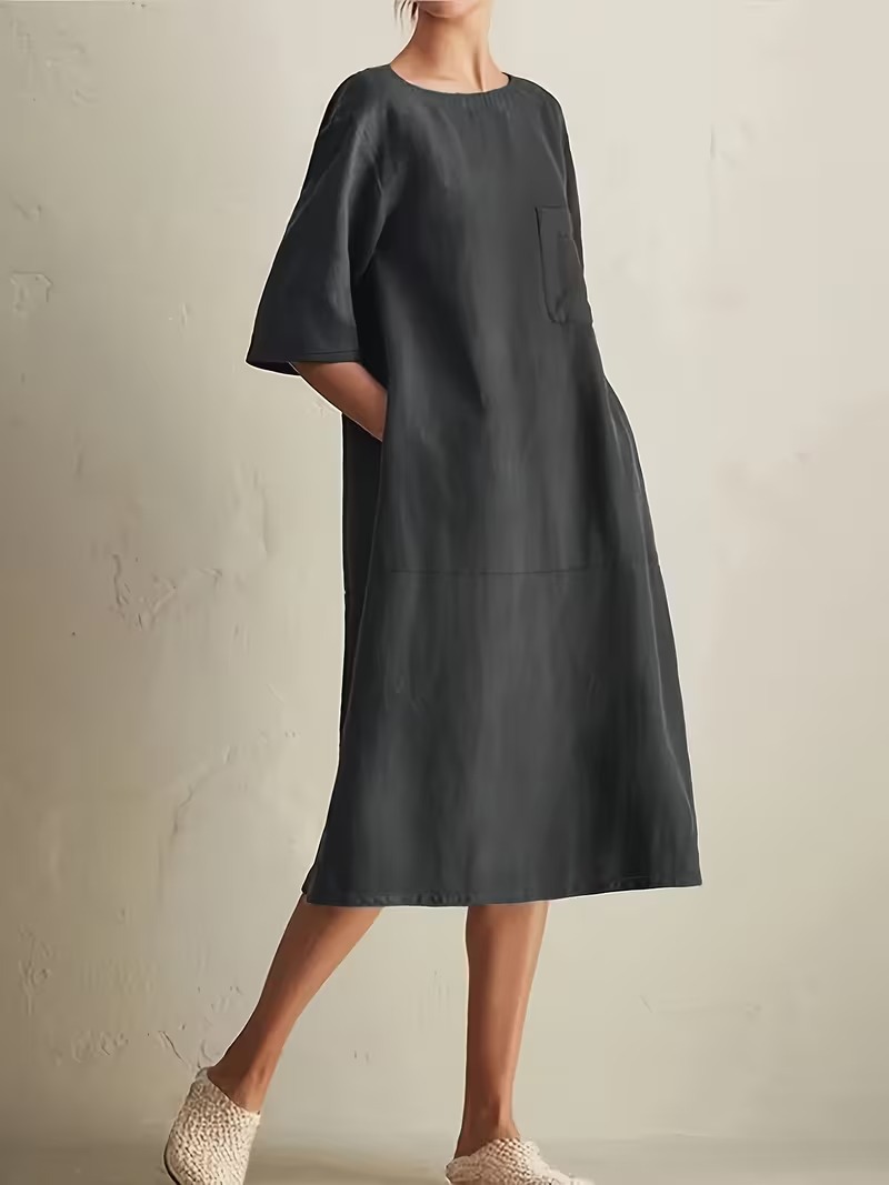 Vestido de lino liso de cuello redondo para verano