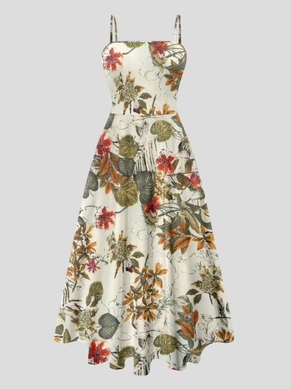 Conjunto de 2 piezas para mujer, chic y sencillo: Cárdigan de canalé fino combinado con vestido estampado de tirantes finos.