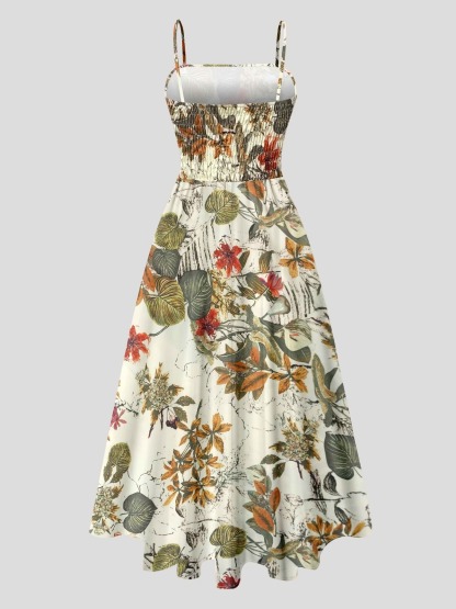 Conjunto de 2 piezas para mujer, chic y sencillo: Cárdigan de canalé fino combinado con vestido estampado de tirantes finos.