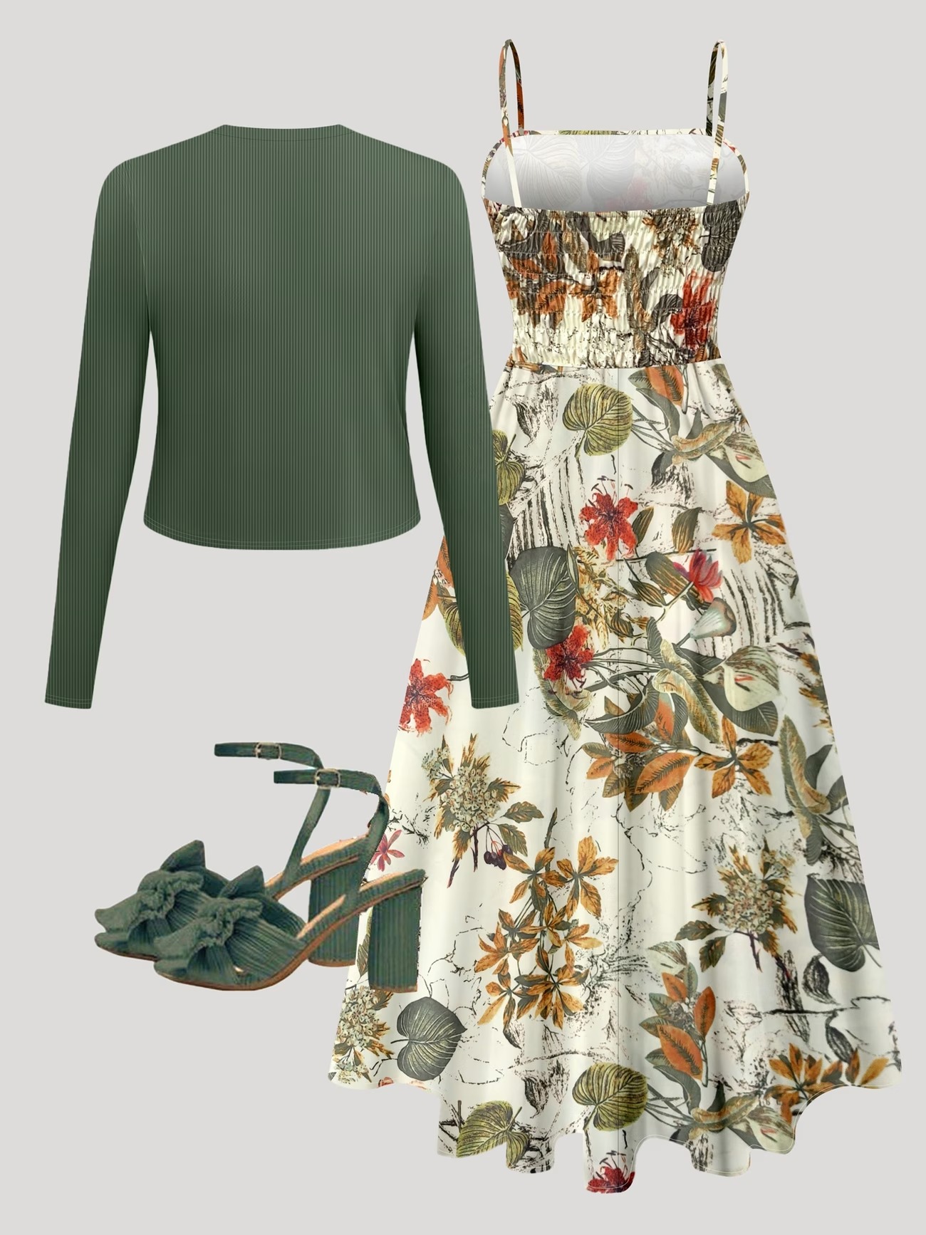 Conjunto de 2 piezas para mujer, chic y sencillo: Cárdigan de canalé fino combinado con vestido estampado de tirantes finos.