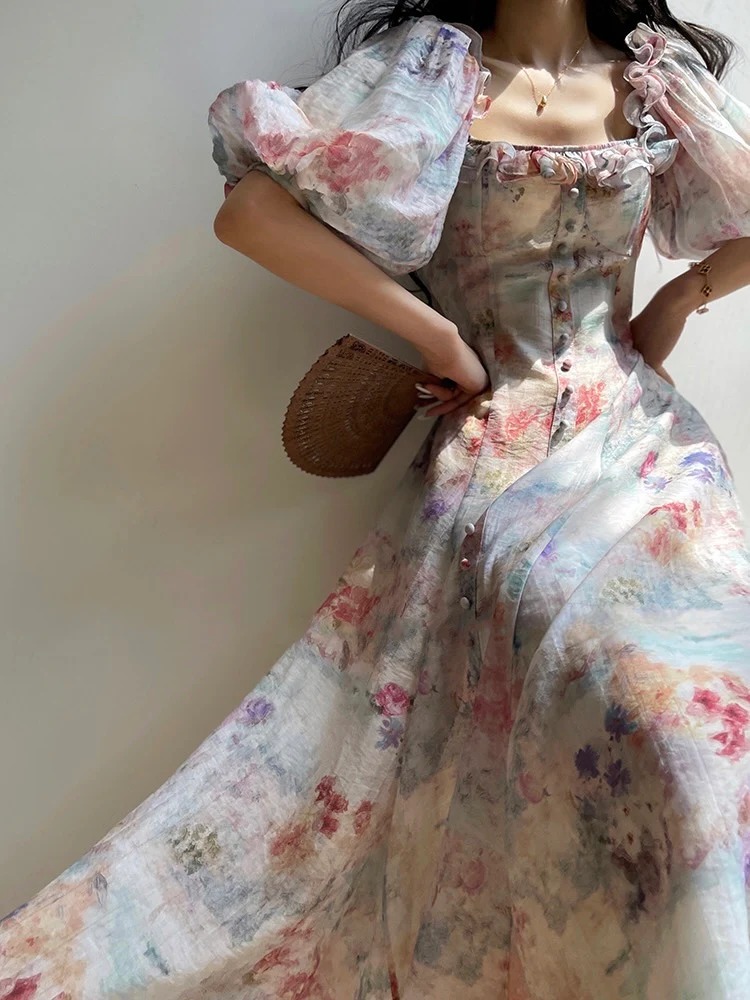 Vestido midi de gasa para mujer, de estilo casual y festivo, decorado con estampado floral, diseño ajustado, falda acampanada, escote cuadrado y mangas abullonadas; perfecto para el verano (con detalles de volantes).