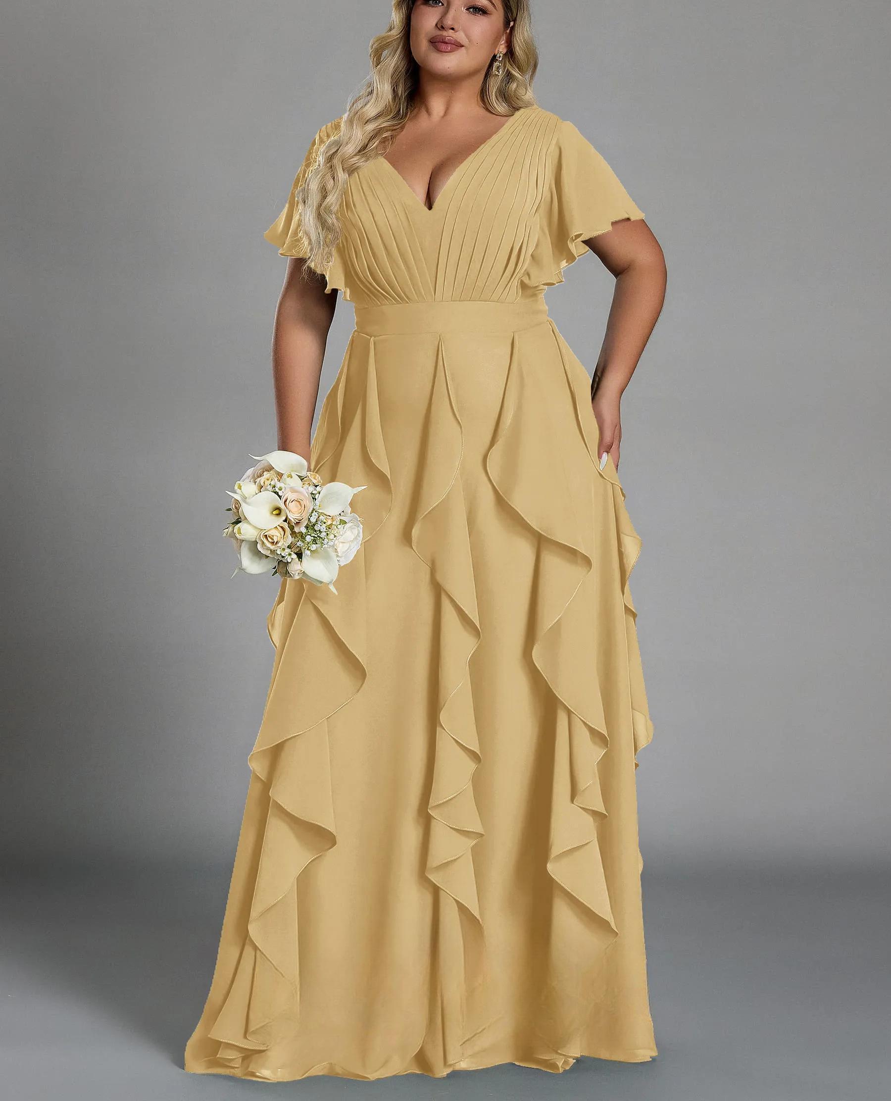 Vestido de talla grande, elegante corte en A, escote en pico, manga corta, volantes, falda hasta el suelo, tejido de gasa, con cintura ceñida.