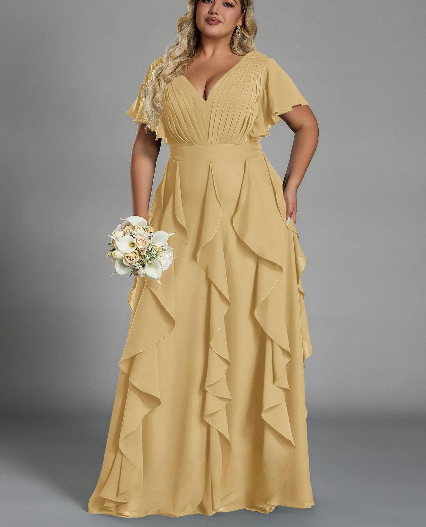 Vestido de talla grande, elegante corte en A, escote en pico, manga corta, volantes, falda hasta el suelo, tejido de gasa, con cintura ceñida.