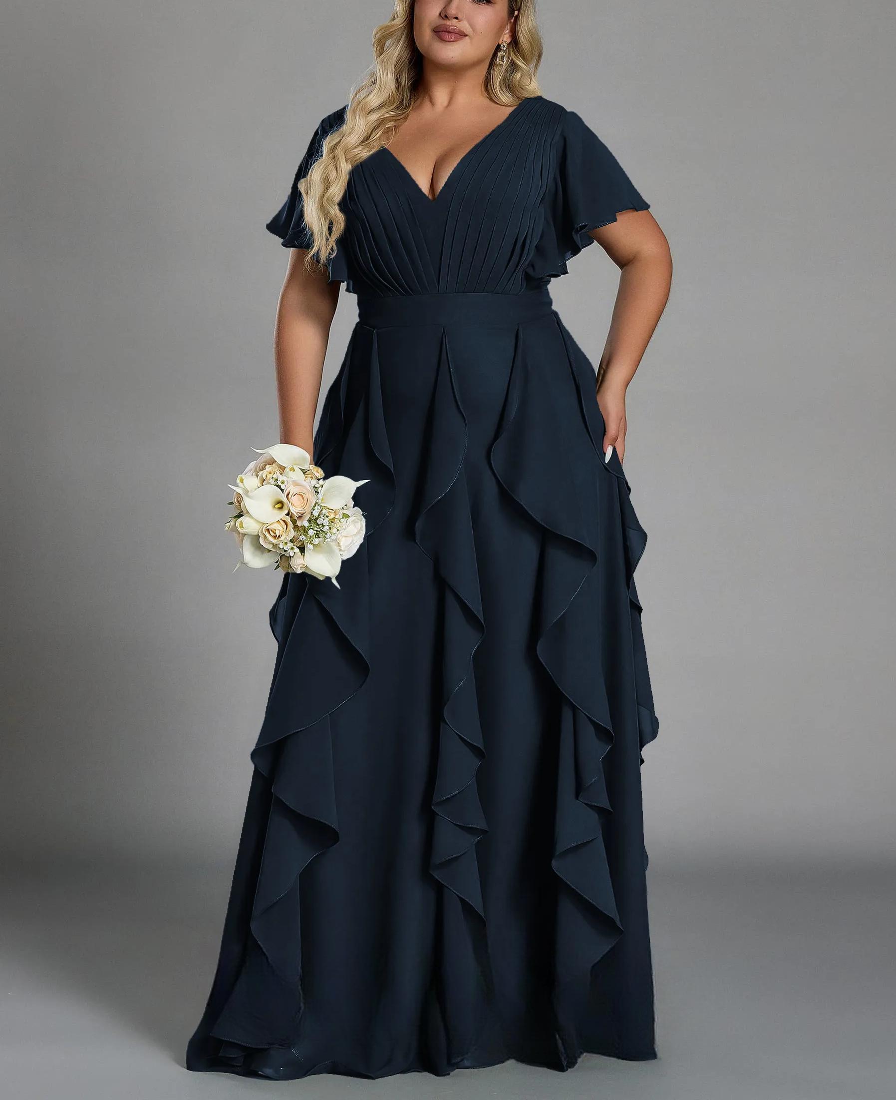 Vestido de talla grande, elegante corte en A, escote en pico, manga corta, volantes, falda hasta el suelo, tejido de gasa, con cintura ceñida.