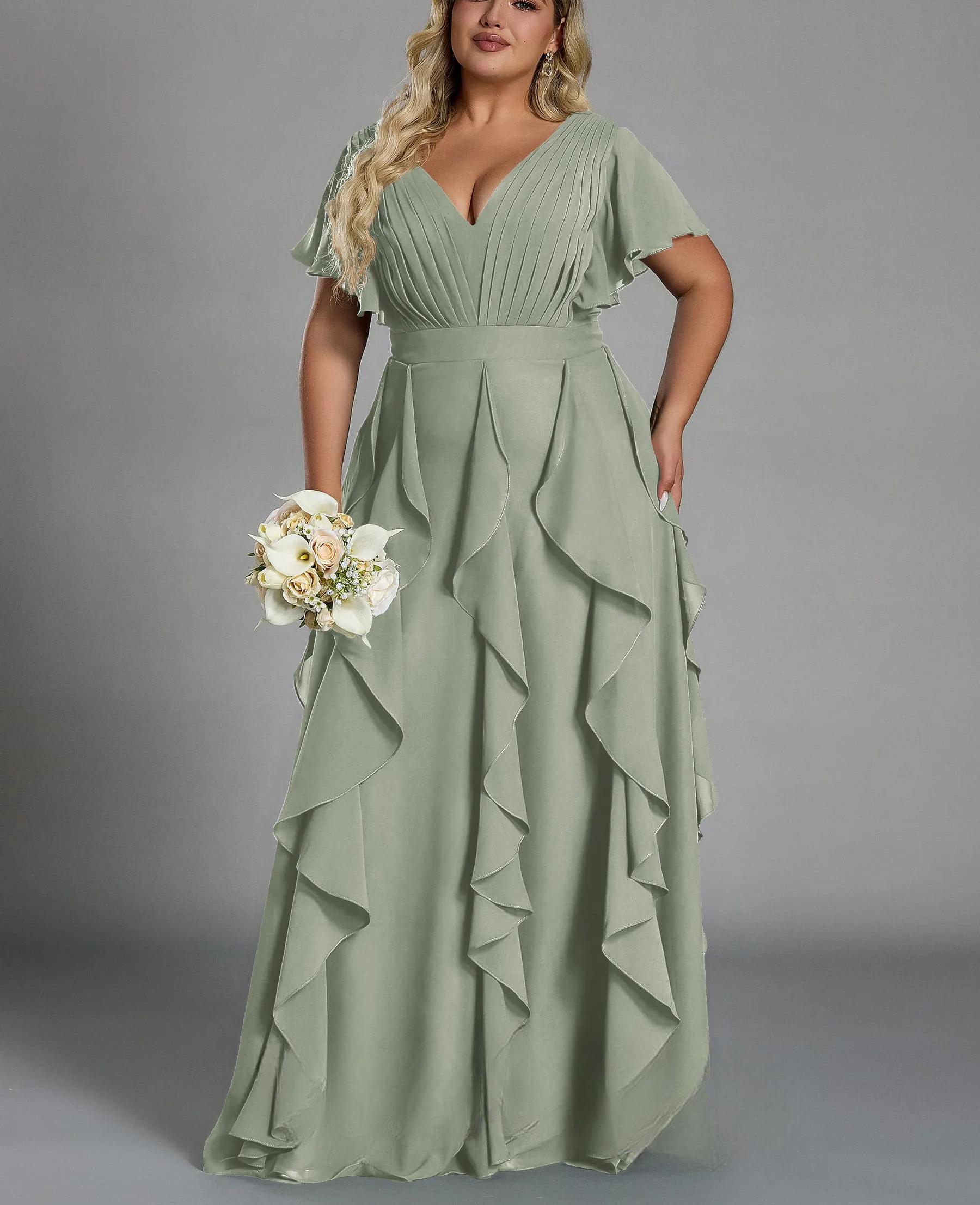 Vestido de talla grande, elegante corte en A, escote en pico, manga corta, volantes, falda hasta el suelo, tejido de gasa, con cintura ceñida.