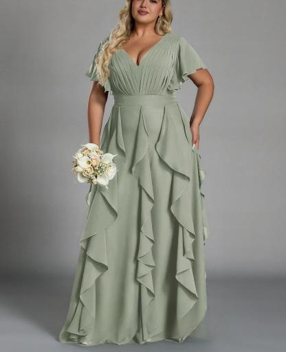 Vestido de talla grande, elegante corte en A, escote en pico, manga corta, volantes, falda hasta el suelo, tejido de gasa, con cintura ceñida.