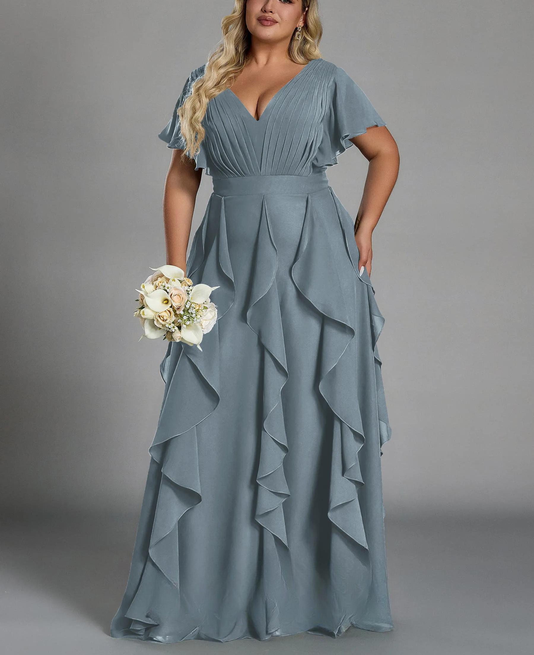 Vestido de talla grande, elegante corte en A, escote en pico, manga corta, volantes, falda hasta el suelo, tejido de gasa, con cintura ceñida.