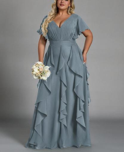 Vestido de talla grande, elegante corte en A, escote en pico, manga corta, volantes, falda hasta el suelo, tejido de gasa, con cintura ceñida.