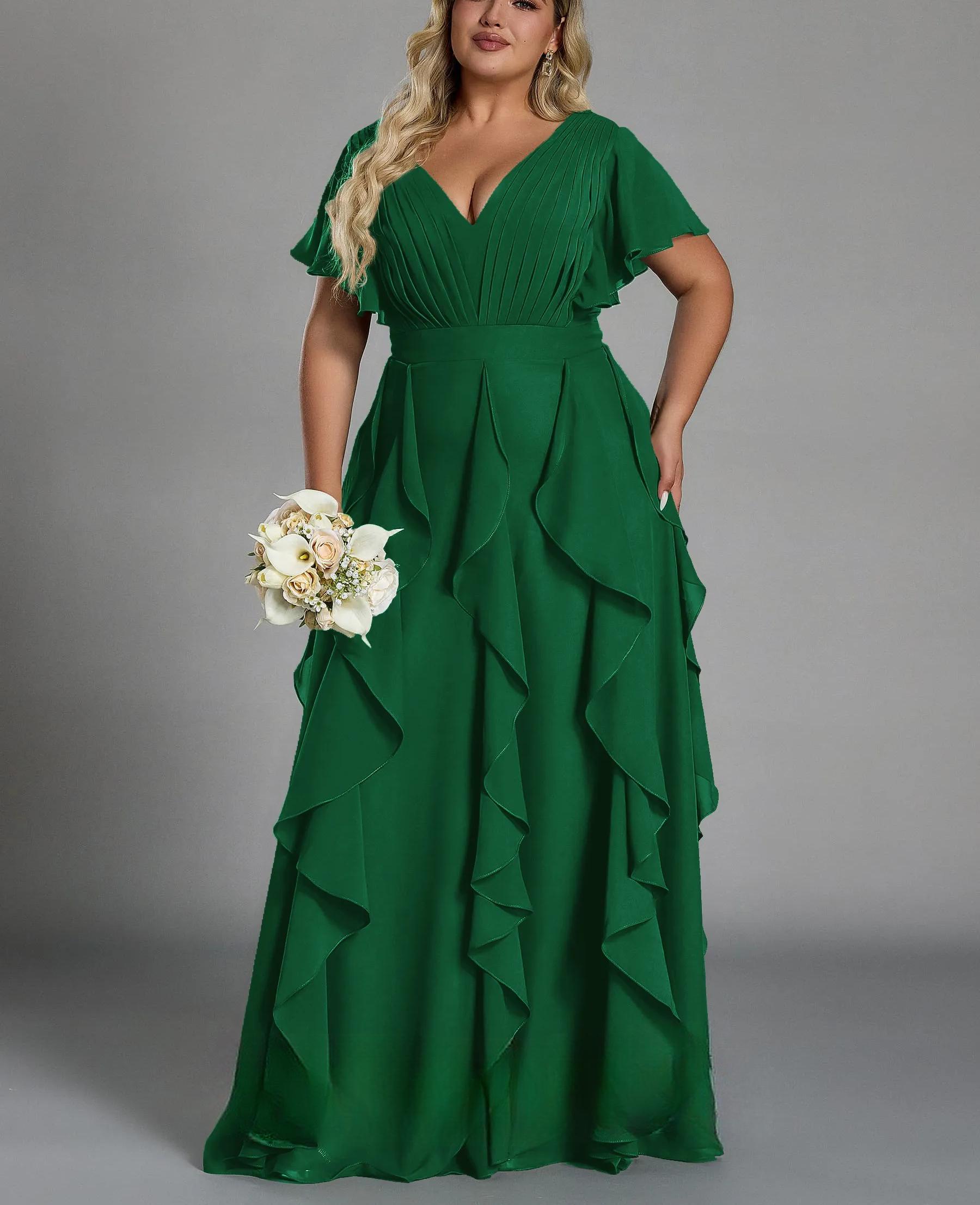 Vestido de talla grande, elegante corte en A, escote en pico, manga corta, volantes, falda hasta el suelo, tejido de gasa, con cintura ceñida.