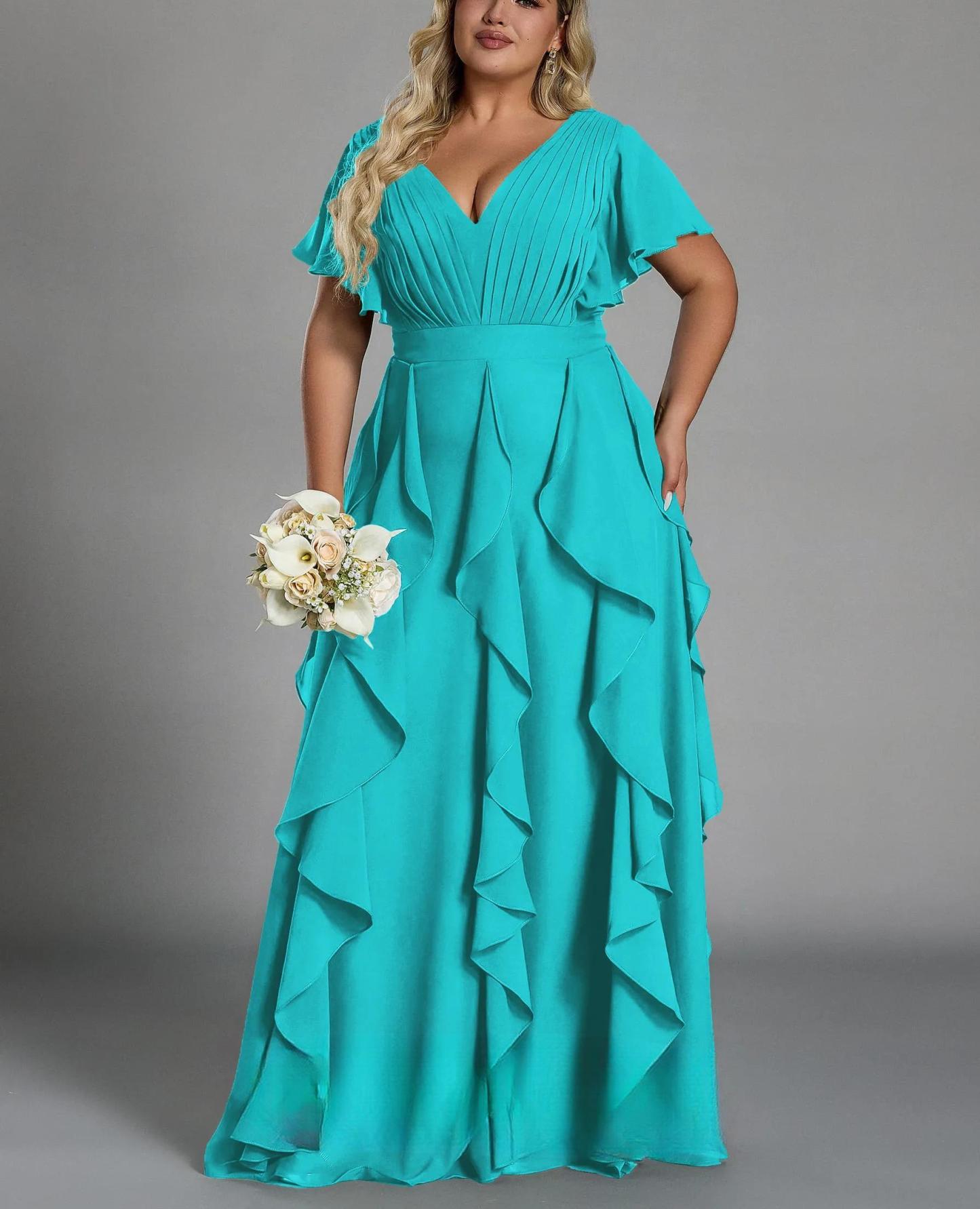 Vestido de talla grande, elegante corte en A, escote en pico, manga corta, volantes, falda hasta el suelo, tejido de gasa, con cintura ceñida.