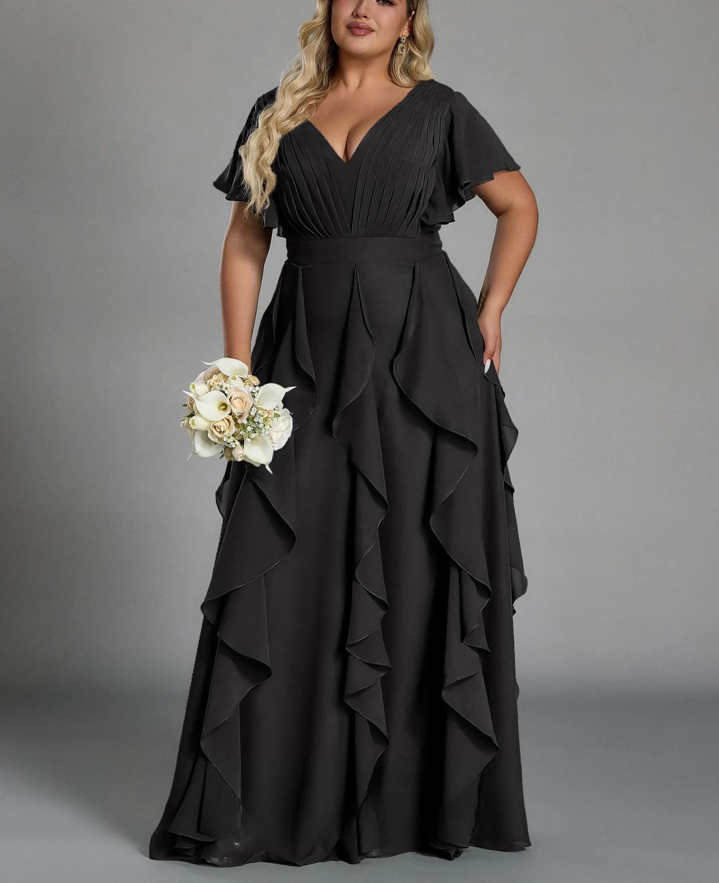 Vestido de talla grande, elegante corte en A, escote en pico, manga corta, volantes, falda hasta el suelo, tejido de gasa, con cintura ceñida.