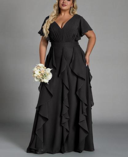 Vestido de talla grande, elegante corte en A, escote en pico, manga corta, volantes, falda hasta el suelo, tejido de gasa, con cintura ceñida.