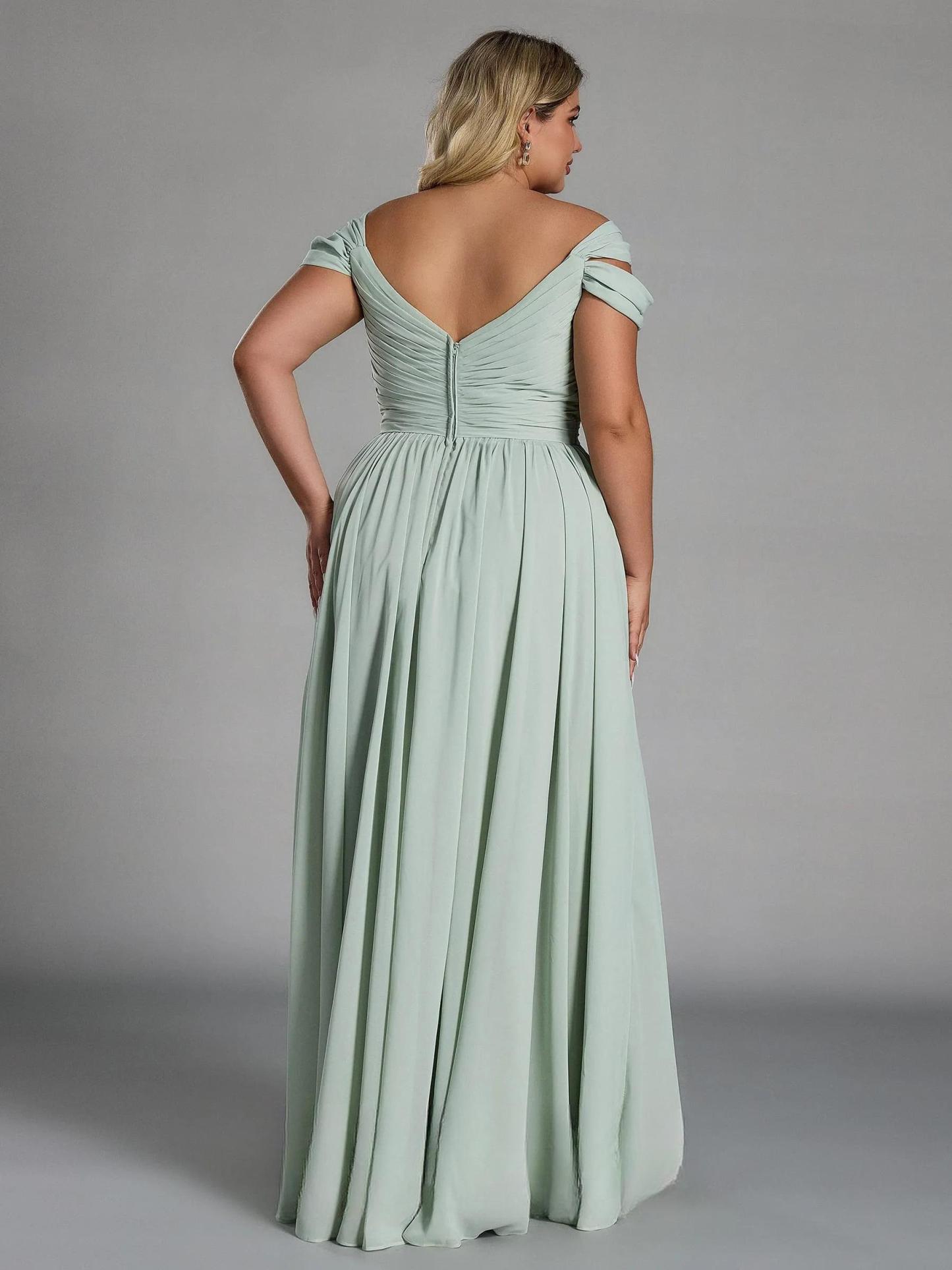 Vestido glamuroso de gasa con hombros descubiertos, plisado, largo hasta el suelo y cintura ceñida, de talla grande