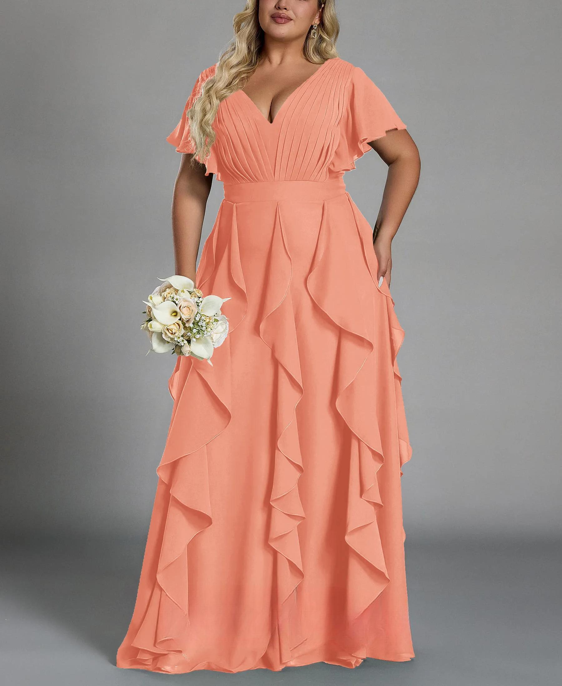 Vestido de talla grande, elegante corte en A, escote en pico, manga corta, volantes, falda hasta el suelo, tejido de gasa, con cintura ceñida.