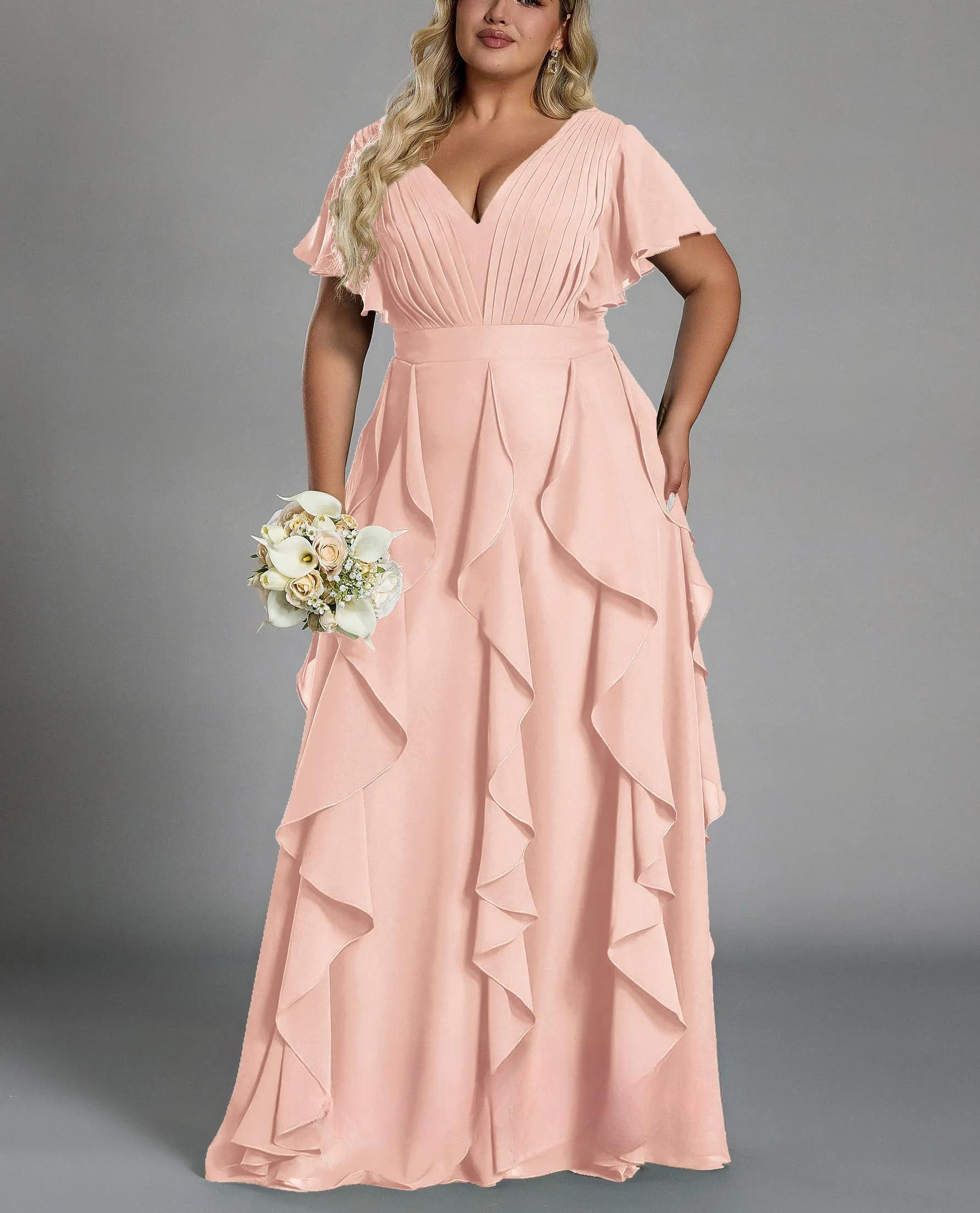 Vestido de talla grande, elegante corte en A, escote en pico, manga corta, volantes, falda hasta el suelo, tejido de gasa, con cintura ceñida.