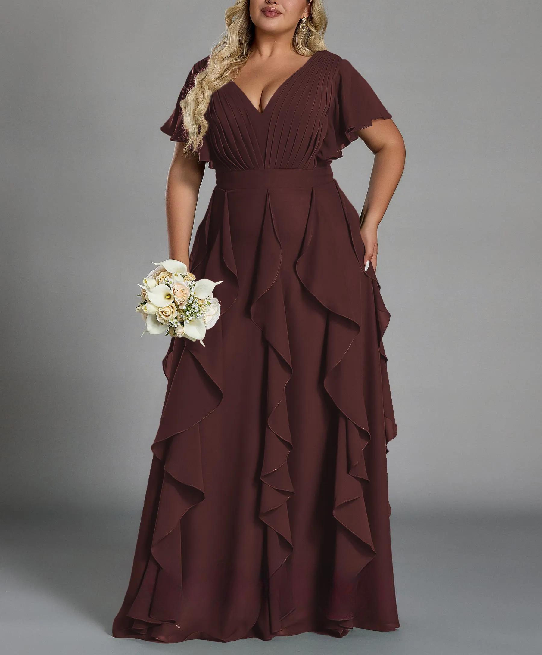 Vestido de talla grande, elegante corte en A, escote en pico, manga corta, volantes, falda hasta el suelo, tejido de gasa, con cintura ceñida.